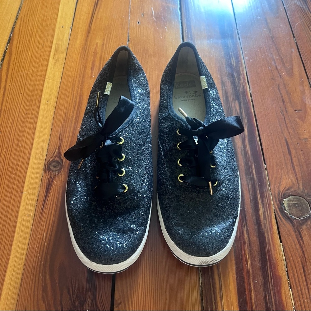 Black Glitter Kate Spade Keds with Ribbon Laces